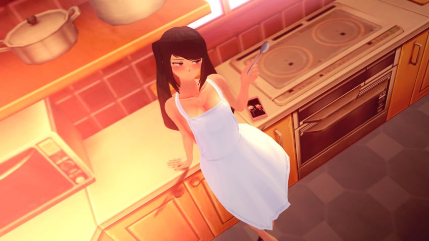 1girls 3d black_hair blush evening female julianne_stingray kitchen kitchen_counter kitchen_utensils koikatsu long_hair looking_away naked_apron phone phone_screen small_breasts solo solo_female solo_focus spiritofrei spoon va-11_hall-a