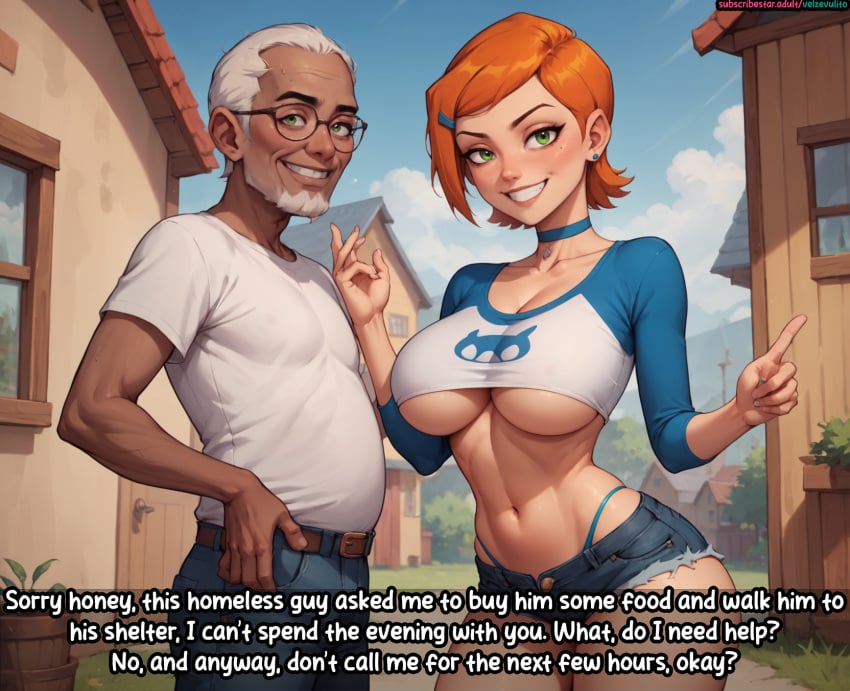 ai_generated big_breasts cheating cheating_girlfriend cuckold cuckolding daisy_dukes english_text ginger_hair green_eyes gwen_tennyson homeless hourglass_figure midriff ntr story text thin_waist thong ugly_bastard ugly_man underboob velzevulito