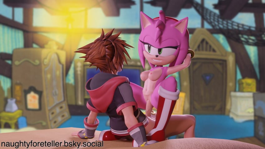 amy_rose bed boots brown_hair clothed crossover disney furry furry_female green_eyes interspecies jacket kingdom_hearts naughty_foreteller pink_fur self_upload sonic_(series) sonic_the_hedgehog_(series) sora square_enix