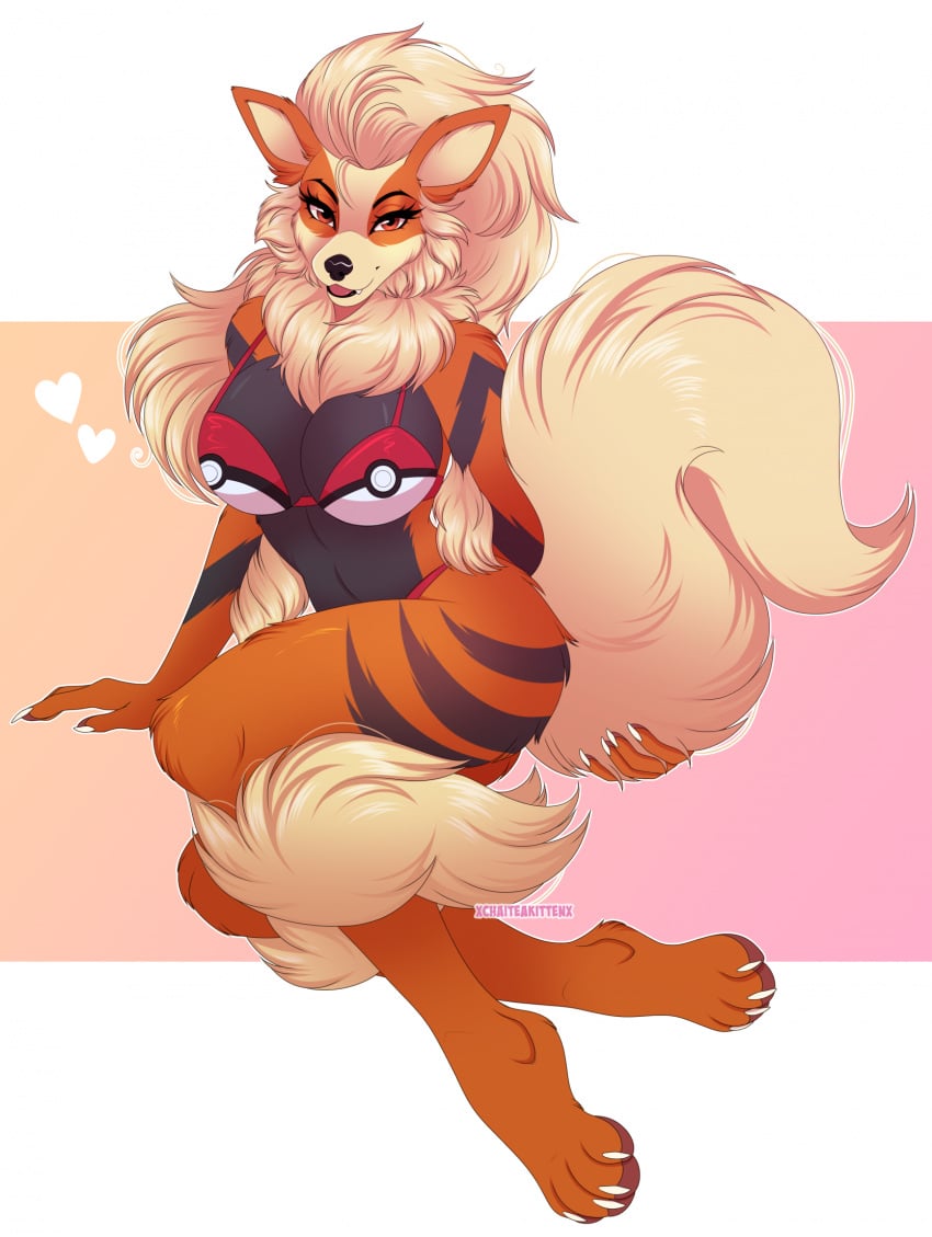 anthro arcanine bikini canid canine chaiteakitten claws fang female fluffy furry generation_1_pokemon heart long_hair looking_at_viewer mammal nintendo open_mouth orange_body orange_fur pokemon pokemon_(species) sitting smile solo xchaiteakittenx