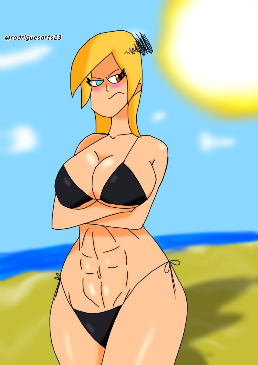 abs beach beach_episode big_breasts big_thighs black_bikini blonde_hair blonde_hair_female crossed_arms