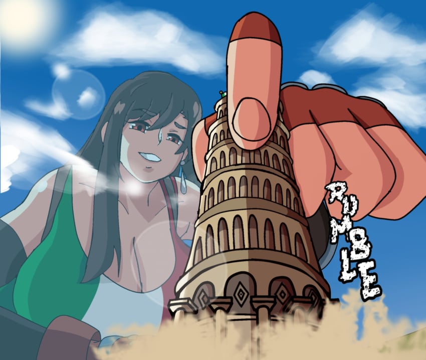 1girls 2d 2d_(artwork) big_breasts breasts brown_hair brown_hair_female brunette brunette_hair clothed clothed_female female female_focus final_fantasy final_fantasy_vii giantess giga_giantess leaning_tower_of_pisa light-skinned_female light_skin long_hair solo solo_female solo_focus tifa_lockhart