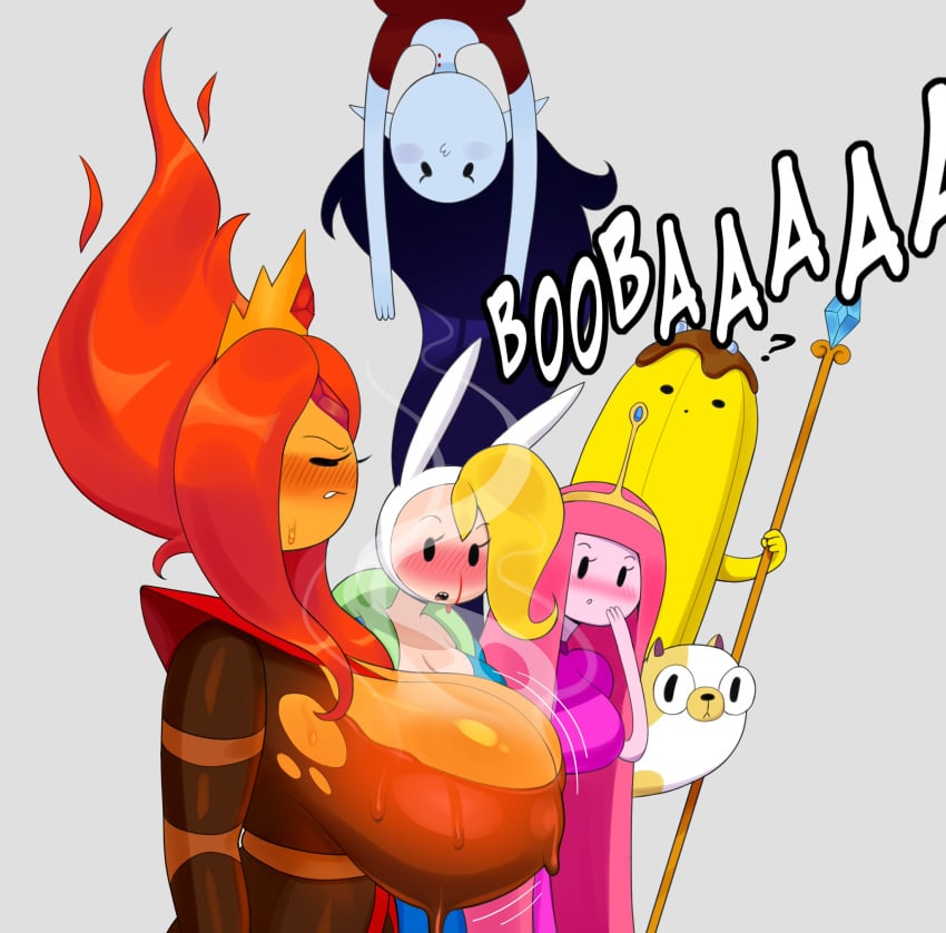 adventure_time banana_guard big_breasts black black_eyes black_hair blonde_hair blush breasts breasts_out cake_the_cat fionna_the_human_girl flame_princess giant_breasts gray_body huge_breasts idler_r marceline orange_body pink_hair pink_skin princess_bubblegum red_hair