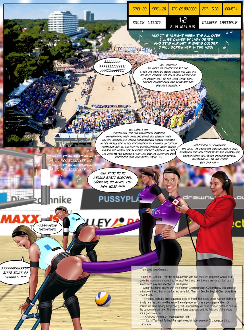 anal anal_sex arena ass beach_volleyball big_strap-on buggery chantal_laboureur comic covid-19_pandemic crying defeat defeated dialogue english_text extro german_beachvolleyball_championship_2020 german_text germany humiliation interview laura_ludwig leonie_klinke margareta_kozuch painal pants_pulled_down penalty_game reporter sandra_ittlinger score social_distancing sport sports sports_bikini sports_bra sports_festival sports_uniform strap-on strap-on_over_clothes stretched_anus tears trash_talk uniform victory volleyball volleyball_net