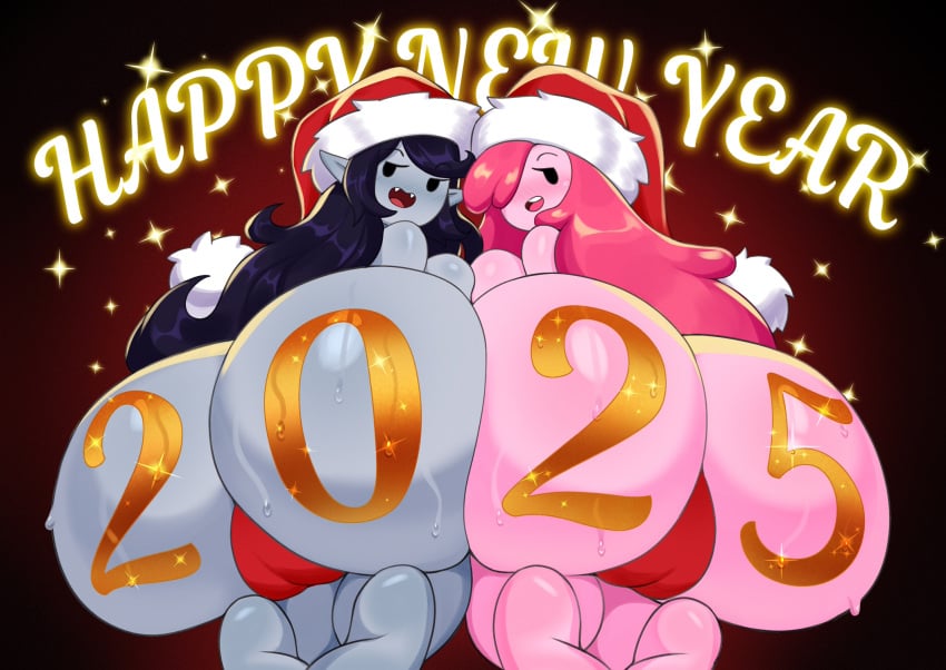 adventure_time anus ass ass ass_focus big_ass big_butt black_eyes black_hair butt_focus christmas_hat female female_focus giant_ass gray_body huge_ass huge_butt idler_r looking_at_viewer looking_back marceline pink_body pink_hair pink_skin princess_bubblegum pussy