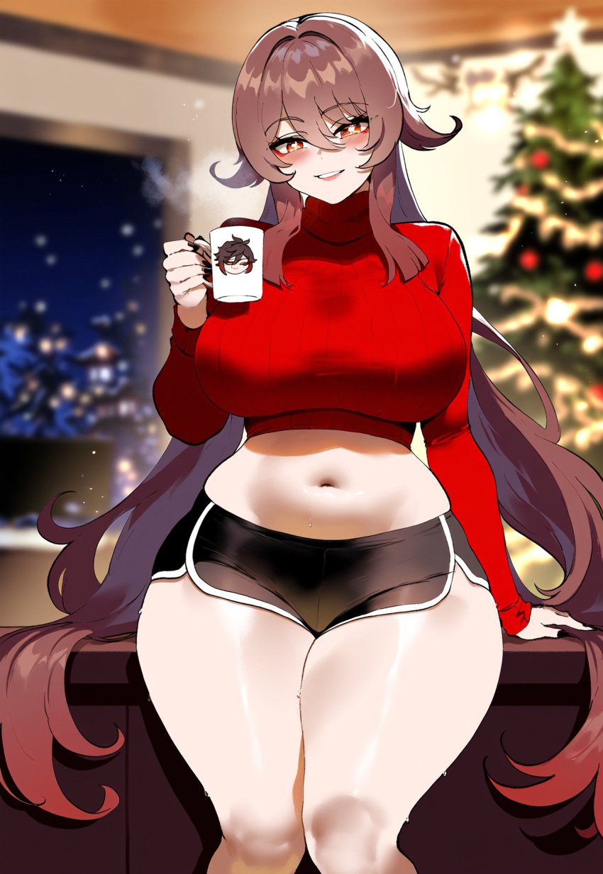 ai_generated ass ass_focus bare_legs bare_thighs big_ass big_breasts big_butt big_thighs christmas christmas_clothing christmas_lights christmas_outfit christmas_tree coffee coffee_mug dijiai focus from_front_position front_view genshin_impact horny horny_female hourglass_figure hu_tao_(genshin_impact) looking_at_viewer mug navel nsfw round_ass round_butt short_shorts sitting smile sweater teeth thick thick_ass thick_butt thick_legs thick_thighs thighs wide_hips