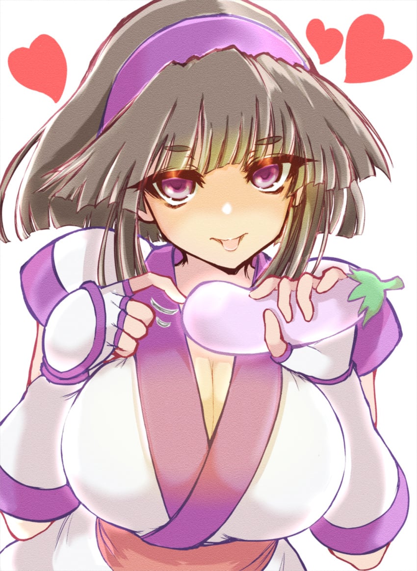 1girls ainu_clothes big_breasts blush breasts brown_eyes brown_hair busty cleavage eggplant female female_only fingerless_gloves gloves hair_ribbon half-closed_eyes heart highres horny horny_female in_heat large_breasts looking_at_viewer murasaki_nakoruru naughty_face ribbon samurai_shodown seductive seductive_look sexually_suggestive short_hair smile snk solo tongue tongue_out voluptuous