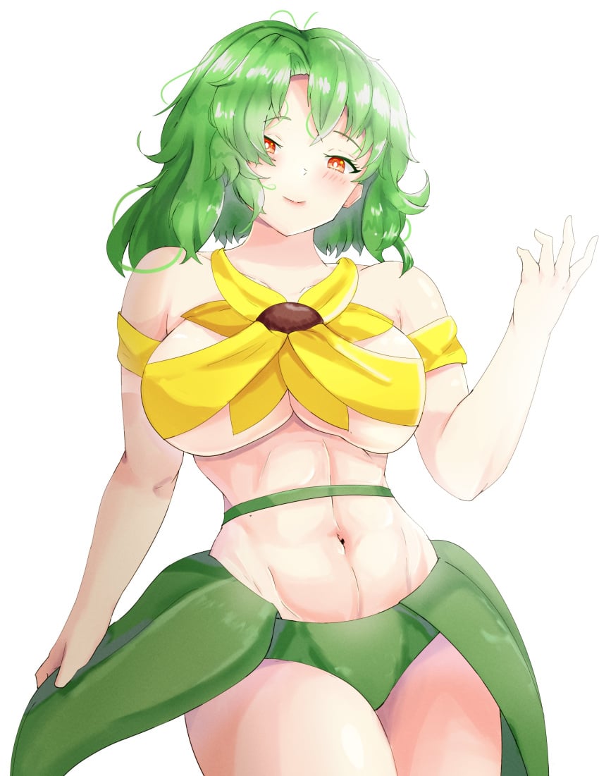 belly_button blush breasts female ginari green_hair red_eyes touhou underboob white_background yuuka_kazami