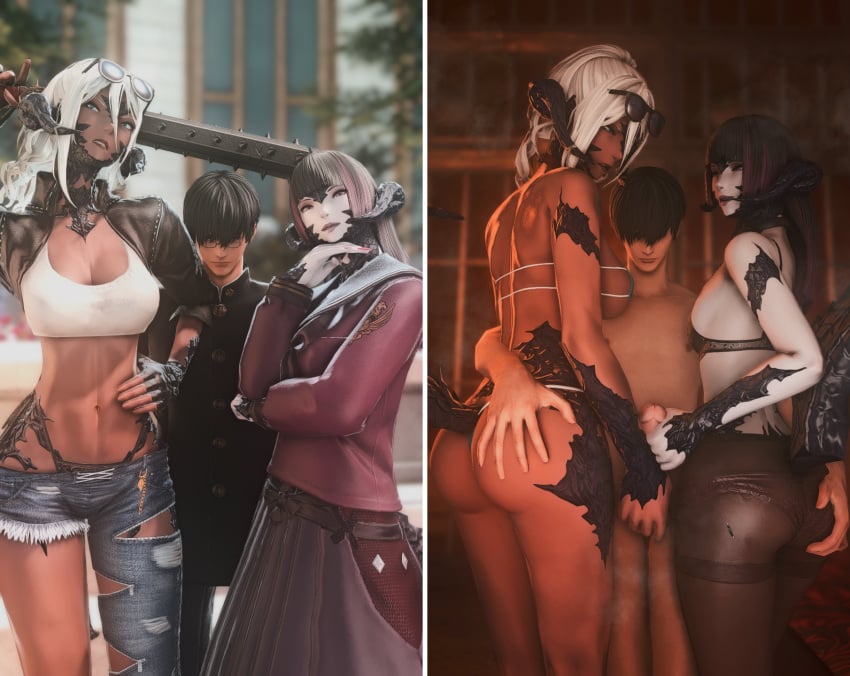 ass ass_grab au_ra bikini butt_grab delinquent ff_xochiq final_fantasy_xiv glasses gpose(ffxiv) handjob high_school instant_loss_2koma jacket larger_female long_dress nerd oc original_character original_characters shorter_male smaller_male sunglasses sword tail taller_female torn_pants