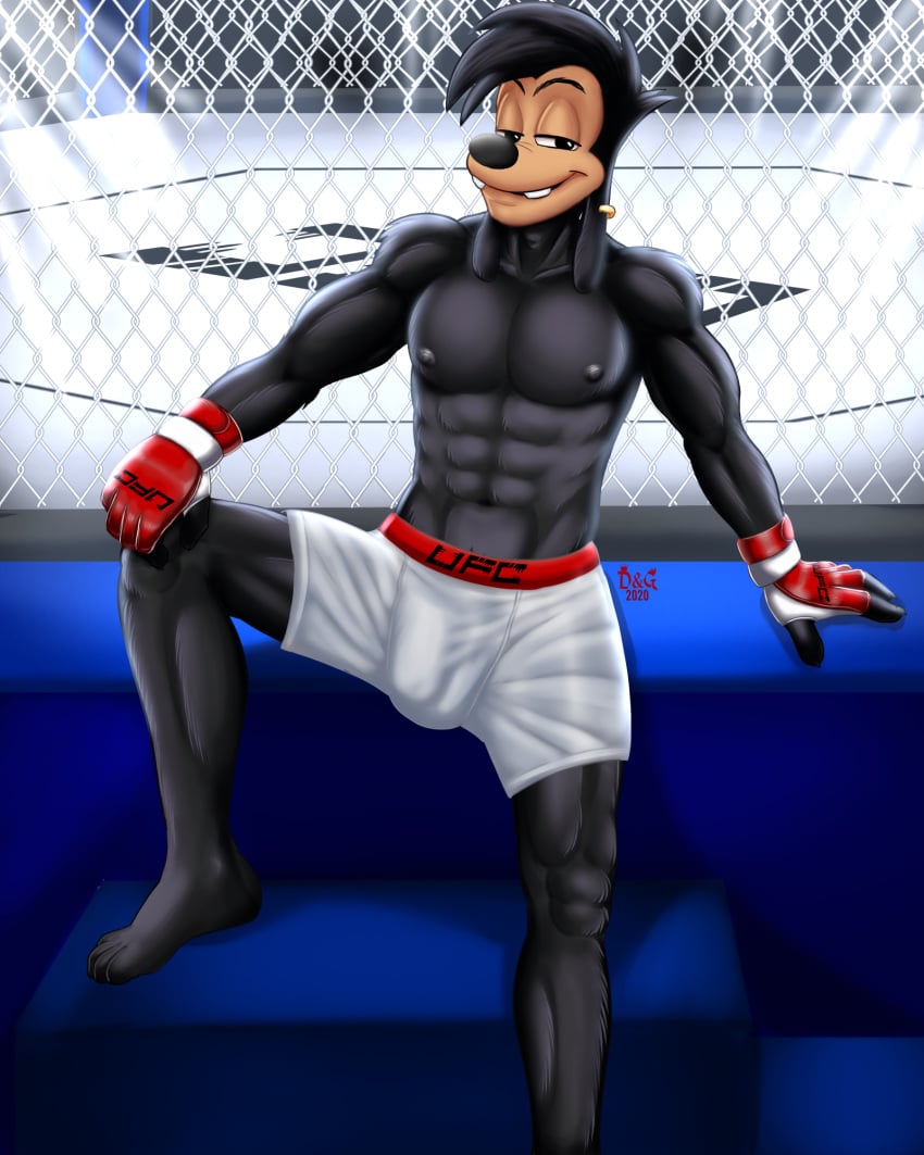 1boy 2020 4:5 abs anthro black_body black_fur boxers_(clothing) bulge canid canine canis clothing dgemporium disney domestic_dog fur gloves goof_troop hair handwear hi_res male male_only mammal max_goof muscular muscular_anthro muscular_legs muscular_male nipples pecs shorts sitting smile solo