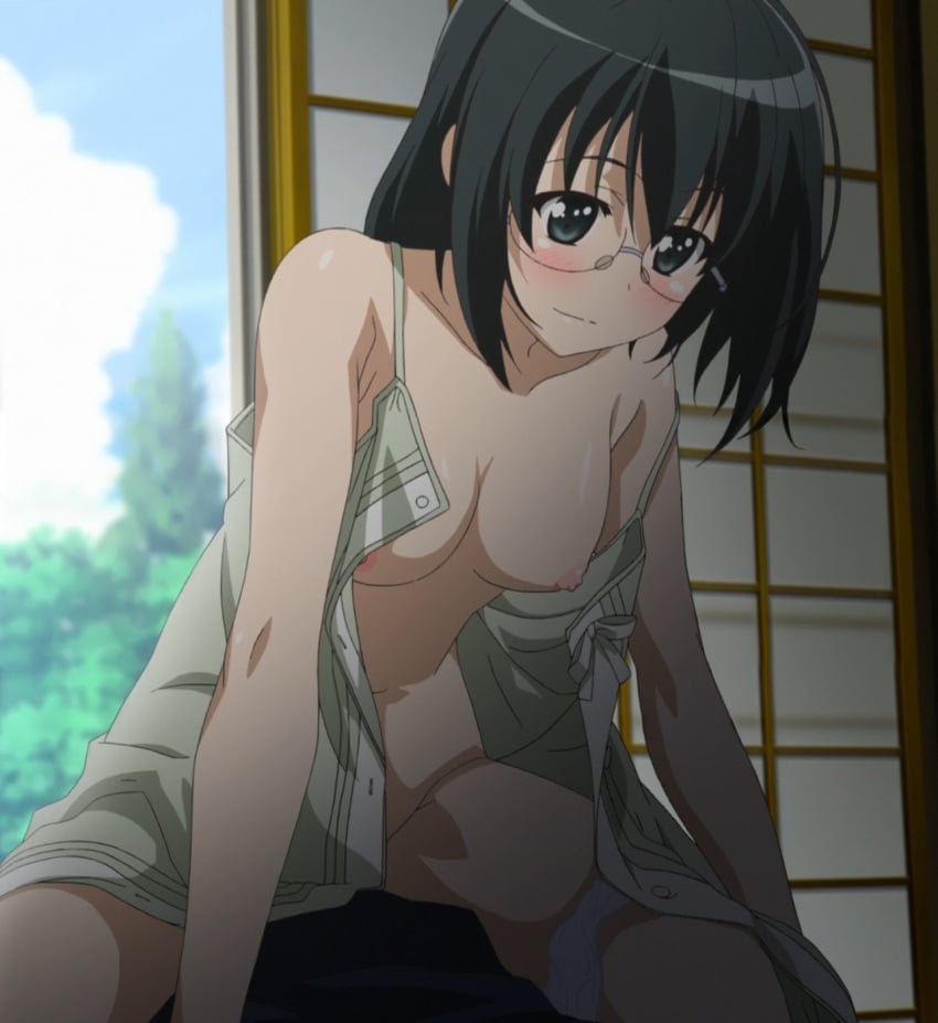 1boy anime_screenshot before_sex blush breasts breasts_out collarbone cowgirl_position dress faceless_male female glasses highres indoors interior medium_breasts nipples no_bra open_clothes panties_around_leg sleeveless solo_focus stitched straddling third-party_edit yorihime_nao yosuga_no_sora