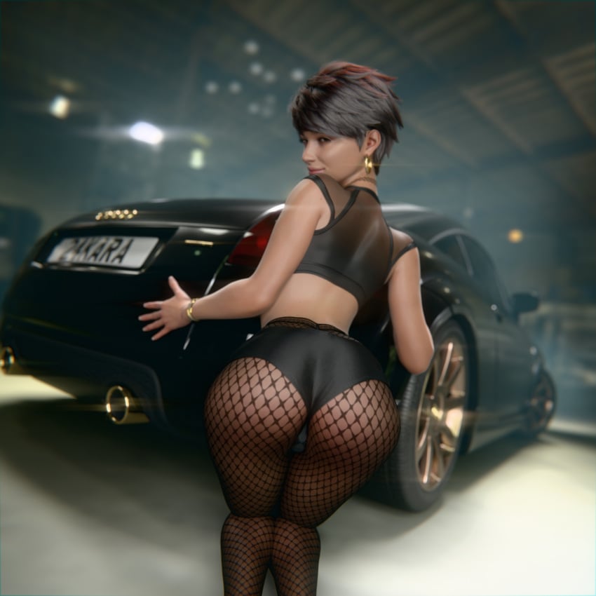 1girls 2024 24kara 3d audi audi_tt big_ass black_topwear bracelet brown_hair bubble_butt car choker detailed_background earrings eyeshadow female female_only garage gifdoozer gold_bracelets gold_earrings gold_jewelry indoors kneeling kneeling_on_ground legs_together lipstick looking_at_viewer looking_back looking_back_at_viewer original original_character panties panties_over_pantyhose pantyhose pink_lipstick rear_view sheer_top short_hair solo spiky_hair