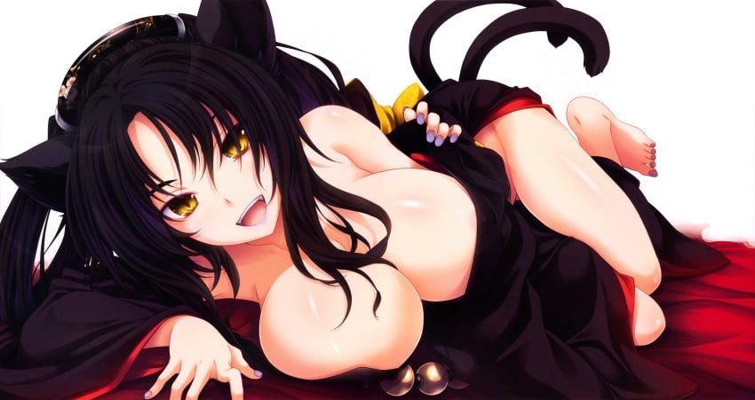 1girls :d absurdres animal_ears areolae areolae_slip bare_shoulders barefoot bed black_hair body_blush breast_press breasts cat_ears cat_tail cleavage collarbone erect_nipples fangs feet female fingernails hair_between_eyes hair_ornament hands high_school_dxd highres huge_breasts japanese_clothes kimono kuroka_(high_school_dxd) large_breasts leg_up legs long_hair long_image long_sleeves looking_at_viewer lying miyama-zero multiple_tails nail_polish nekomata nipples no_bra no_panties off_shoulder official_art on_side open_clothes open_mouth purple_nails scan shiny shiny_hair shiny_skin simple_background smile solo tail thighs toenail_polish toes undressing wallpaper white_background wide_image wide_sleeves yellow_eyes