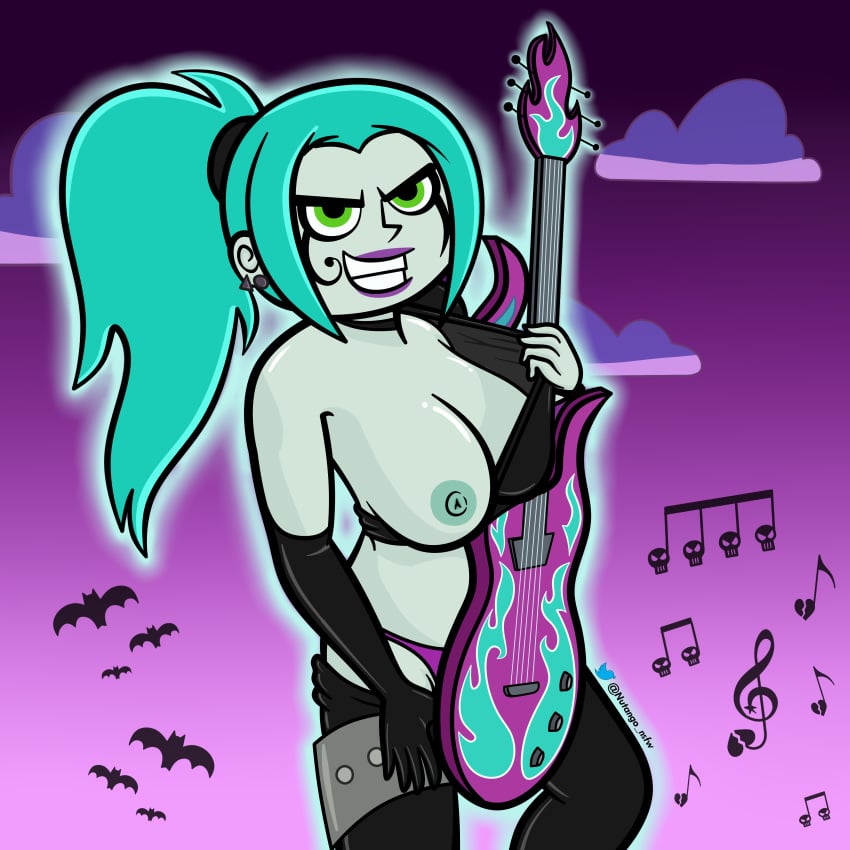 blue_hair blue_nipples danny_phantom ember_mclain female ghost ghost_girl green_eyes guitar nickelodeon nutango one_breast_out purple_lipstick