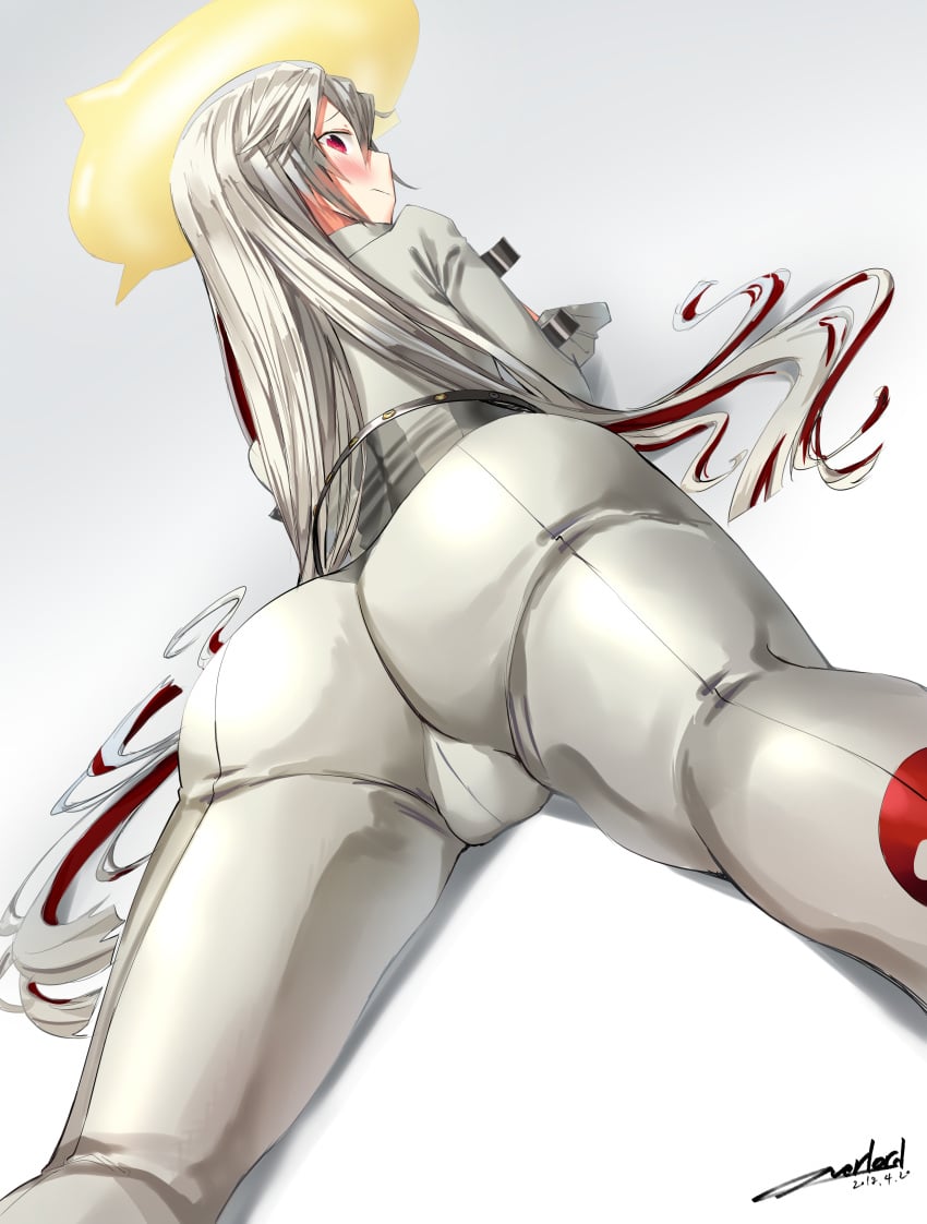 absurdres arc_system_works artist_name ass bad_id bad_pixiv_id belt blush bodysuit cameltoe embarrassed female from_behind from_below gloves guilty_gear guilty_gear_xrd guilty_gear_xrd:_revelator halo highres huge_ass jack-o'_valentine long_hair looking_at_viewer looking_back looking_down lying multicolored_hair on_stomach overlord_(artist) overlord_(pixiv) pants png red_eyes red_hair shiny shiny_clothes shiny_hair silver_hair solo very_long_hair