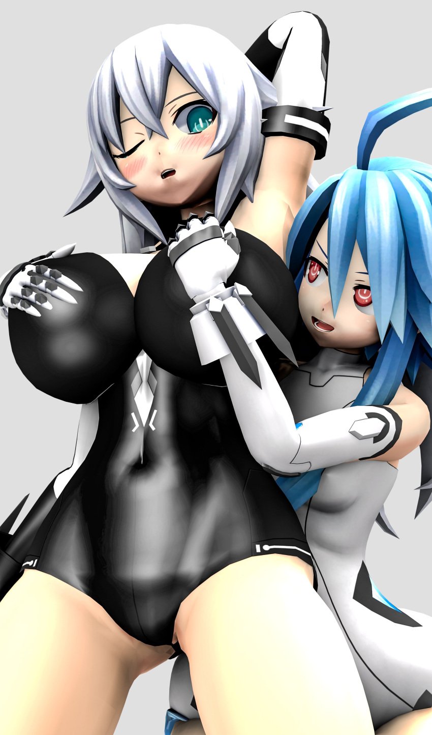 2girls 3d arm_behind_head armpits big_breasts black_heart blanc blue_eyes blush breast_grab breasts busty cleavage covered_navel female female_only gloves goddess green_eyes groping groping_breasts hi_res large_breasts legs leotard molestation multiple_girls naughty_face neptunia_(series) noire pose posing red_eyes sensual short_hair small_breasts smile surprised teeth thighs toned tongue voluptuous white_hair white_heart_(neptunia)