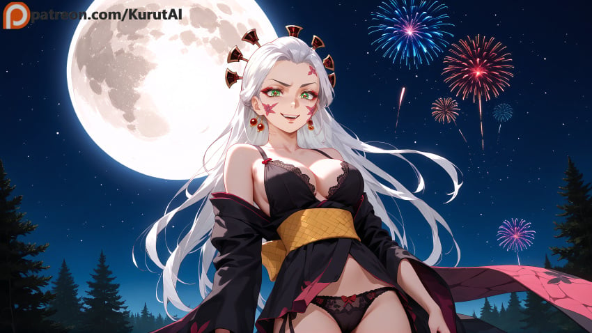 1girls aerial_fireworks ai_generated artist_name artist_signature aurora bamboo bare_shoulders bare_tree black_kimono black_panties bow bow_panties bra breasts city_lights cleavage cloud constellation crescent_moon daki_(kimetsu_no_yaiba) demon_slayer earrings earth_(planet) facial_mark female fireflies fireworks full_moon galaxy japanese_clothes jewelry kimetsu_no_yaiba kimono kimono_lift kurutai light_particles long_hair looking_at_viewer milky_way moon moonlight night night_sky off_shoulder outdoors palm_tree panties patreon pine_tree planet red_kimono red_moon sash shooting_star sky skyline smile solo space star_(sky) starry_sky starry_sky_print sun tanabata tanzaku tree uncensored underwear yukata