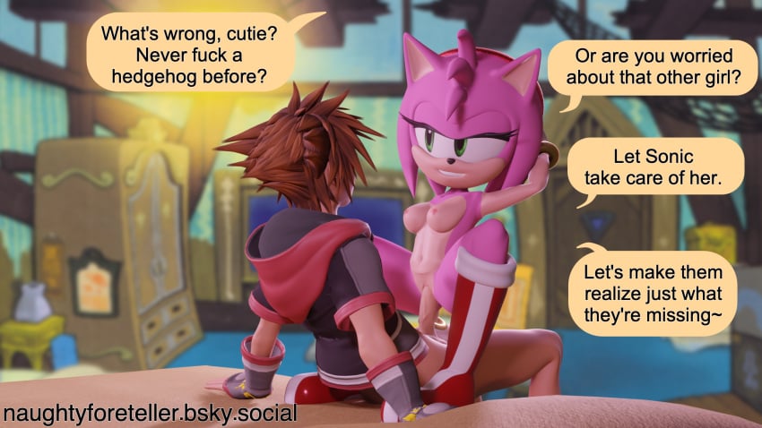 amy_rose brown_hair crossover furry furry_female green_eyes human human_male interspecies kingdom_hearts naughty_foreteller pink_fur self_upload sonic_(series) sonic_the_hedgehog_(series) sora speech_bubble text text_bubble