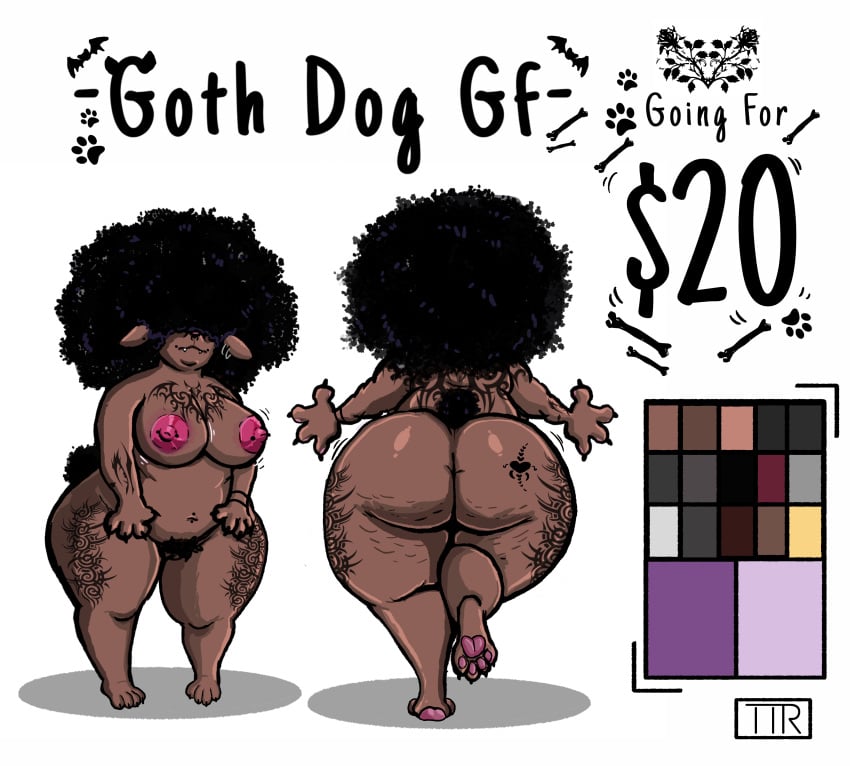 1girls adoptable afro afro_hair anthro areolae arms_out artist_logo back_view bbw belly_button_piercing big_ass big_butt brown_fur brown_skin canid canine cellulite character_sheet color_palette cute digital_media_(artwork) dog_ears dog_tail earrings fangs fat_ass fat_butt female female_only front_view good_girl goth goth_girl gothic hair_covering_eyes hair_over_eyes hi_res highres humanoid kojoarts naked naked_female nipple_piercing no_clothes nude nude_female plump_ass plump_butt price puffy_tail puppy shortstack tattoo tattoos