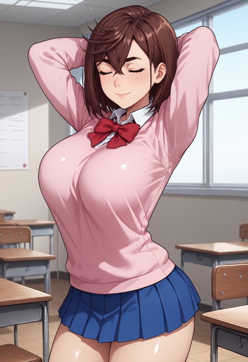 1girl ai_generated ayase_momo big_breasts brown_hair classroom dandadan futanari/male huge_breasts kikia1 no_sex safe school schoolgirl short_hair tagme tagme_(artist)