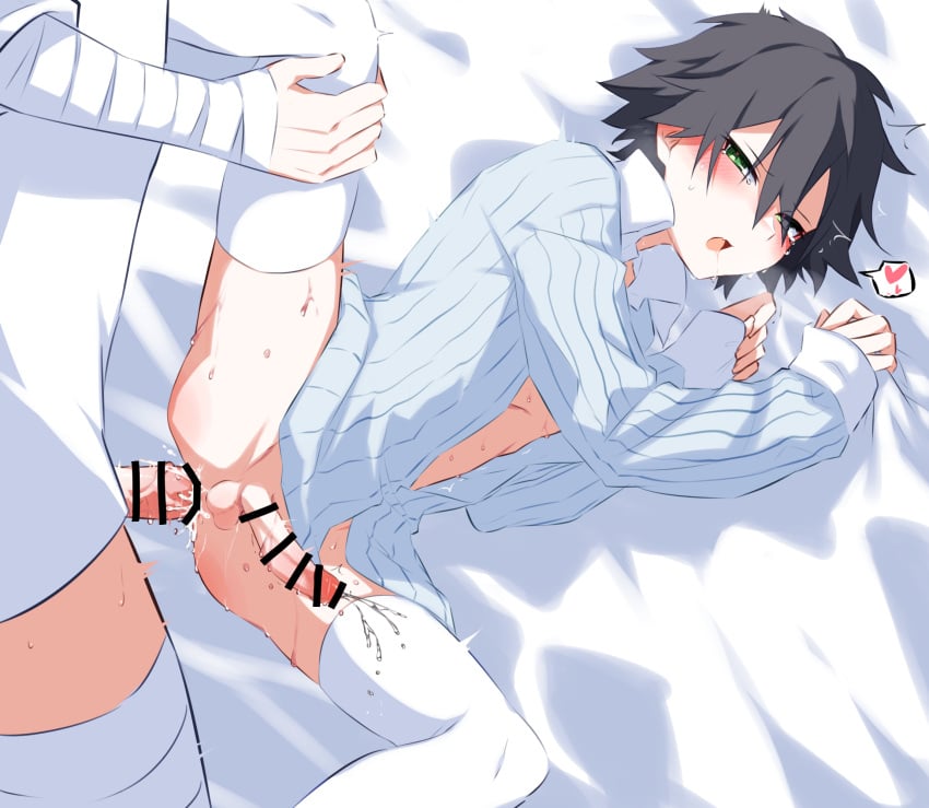 2boys anal bandaged_arm bandages bar_censor bed bed_sheet black_hair blush bottomless bungo_stray_dogs bungou_stray_dogs censored collared_shirt cum cum_in_ass dazai_osamu ejaculating_while_penetrated ejaculation femboy gay gay_sex green_eyes hair_between_eyes handsfree_ejaculation heart highres kinorink long_sleeves lying male male/male male_focus male_only male_penetrated multiple_boys on_bed open_clothes open_mouth open_shirt penis ranpo_edogawa saliva sex sheet_grab shirt short_hair solo_focus spoken_heart spread_legs sweat tears testicles thighhighs white_shirt white_thighhighs yaoi