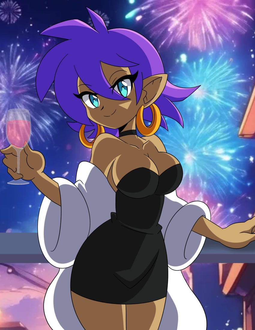 1girls bedroom_eyes big_breasts black_dress blue_eyes celebration choker datwondoude female female_only fireworks fur_coat half-genie hoop_earrings hoop_earrings_oversized looking_at_viewer new_year pointy_ears purple_hair shantae shantae_(character) short_hair solo strapless_dress tagme wayforward wide_hips wine wine_glass