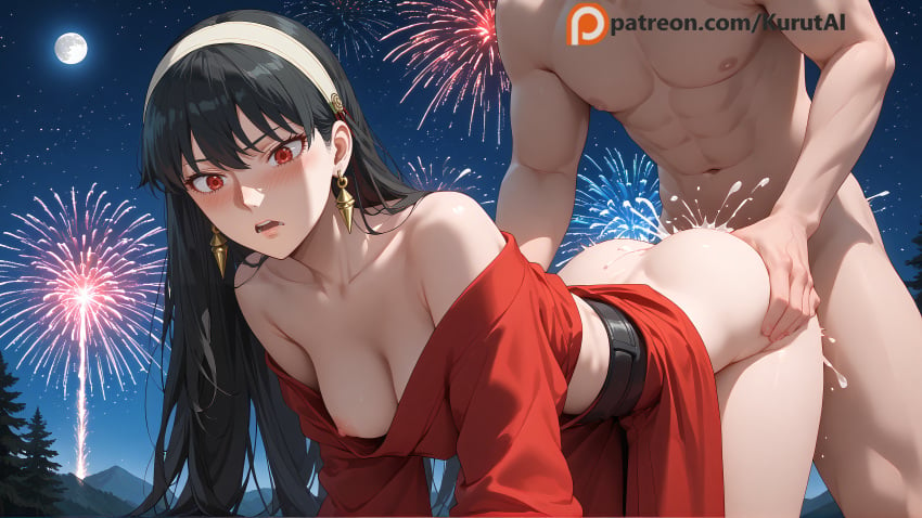 1boy 1girls abs aerial_fireworks ai_generated artist_name artist_signature ass aurora bangs bare_shoulders black_hair blush breasts city_lights constellation crescent_moon cum earrings earth_(planet) female ferris_wheel fireworks full_moon galaxy hairband japanese_clothes jewelry kimono kurutai long_hair milky_way moon moonlight night night_sky nipples off_shoulder open_mouth patreon planet red_kimono sex sex_from_behind shooting_star sky space spy_x_family star_(sky) starry_sky starry_sky_print straight tree uncensored yor_briar yukata