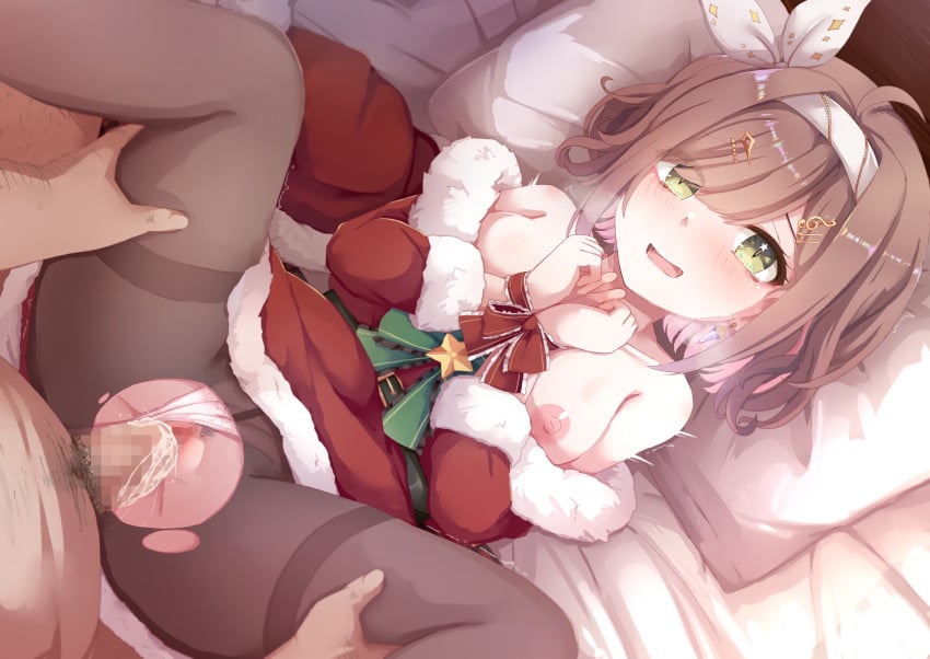 1girls bed bondage breasts brown_hair christmas christmas_outfit cum cum_in_pussy cum_inside female foamyforme green_eyes headband indie_virtual_youtuber miori_celesta nipples pussy pussy_juice sex spread_legs tsunderia vaginal_penetration virtual_youtuber