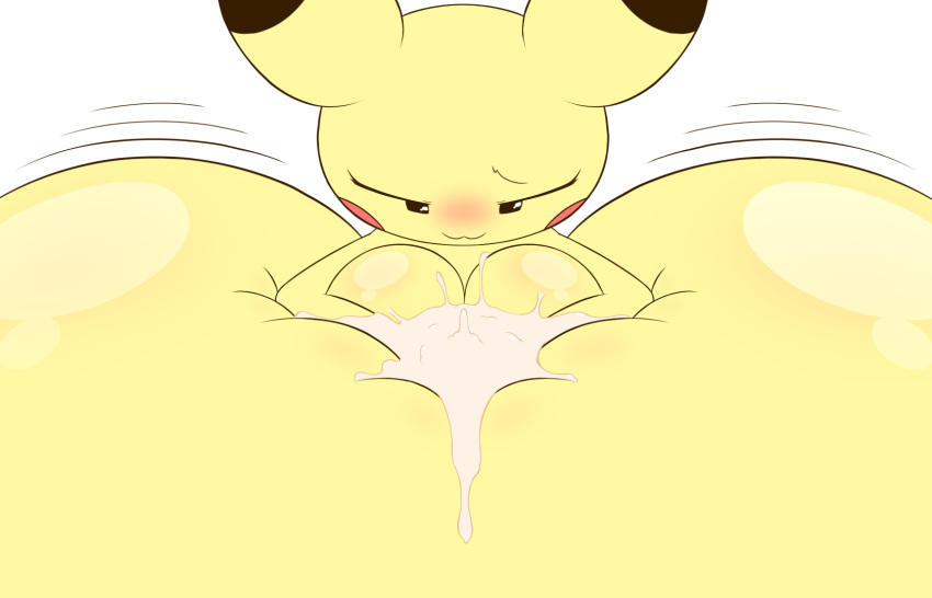 14:9 anthro big_breasts blush bodily_fluids breasts cum cum_between_breasts female genital_fluids hi_res huge_breasts hyper hyper_breasts k--10 nintendo paizuri pikachu pokémon_(species) pokemon simple_background video_games white_background yellow_body