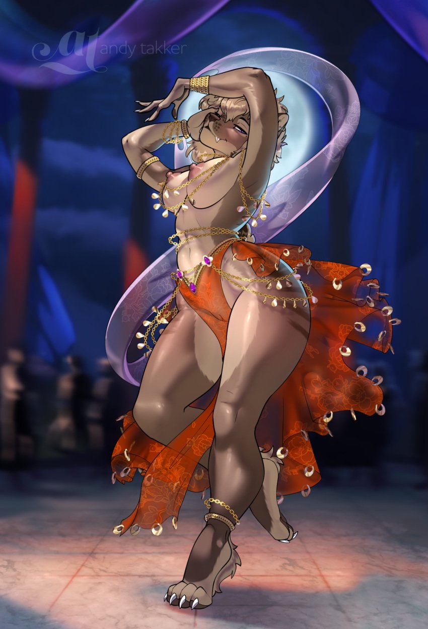 andytakker anthro clitoris clothing dancing falla_(f-r95) felid genitals gold_(metal) gold_jewelry harem_jewelry harem_outfit hi_res jewelry mammal mostly_nude narrowed_eyes night nipples party prehistoric_species public public_nudity pussy saber-toothed_tiger seductive smilodon solo thick_thighs translucent translucent_clothing wide_hips