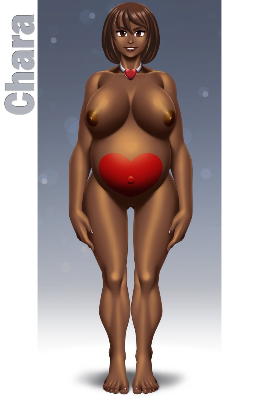 1girls areolae big_breasts breasts brown_eyes brown_hair brown_skin chara commission female female_only heart human human_female human_only nipples nude pregnant pussy solo tattoo thedarkness undertale undertale_(series)