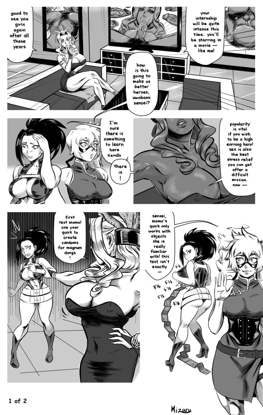 3girls black_and_white blush bodysuit boots breasts cleavage comic condom condom_packet_strip dialogue domino_mask dress english_text faceless_male female_only hero_outfit_(mha) itsuka_kendou japanese_clothes kendou_itsuka long_hair mask mizaru momo_yaoyorozu my_hero_academia nervous open_bodysuit page_1 page_number short_dress text uwabami wide_hips yaoyorozu_momo