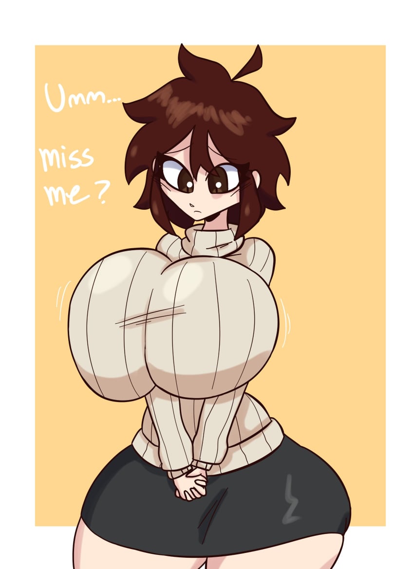 1girls alissa_(full_comfort) big_breasts blush_lines bouncing_breasts breasts brown_hair female full_comfort huge_breasts looking_at_own_breasts looking_down_at_breasts nervous oc original_character own_hands_clasped short_hair shy standing sweater tagme thick_thighs