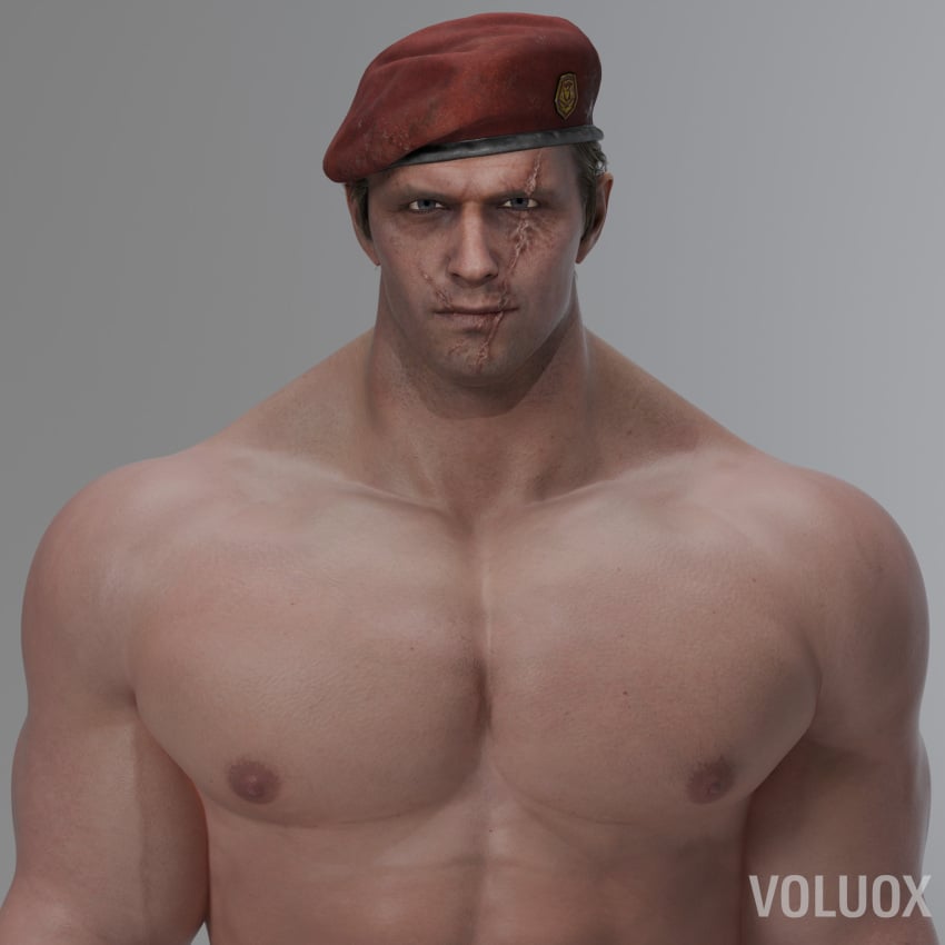 3d 3d_model 3d_render beret big_chest chest face_scar jack_krauser male male_only no_visible_genitalia resident_evil scars voluox