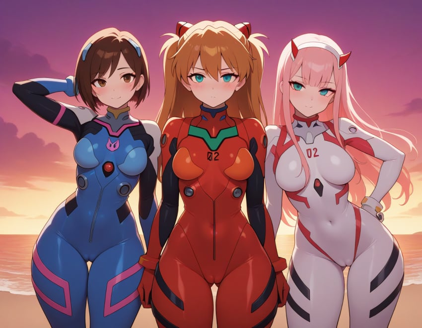 3girls ai_generated asuka_langley_sohryu brown_hair cameltoe d.va darling_in_the_franxx ginger light-skinned_female neon_genesis_evangelion overwatch overwatch_2 pink_hair plugsuit zero_two_(darling_in_the_franxx)