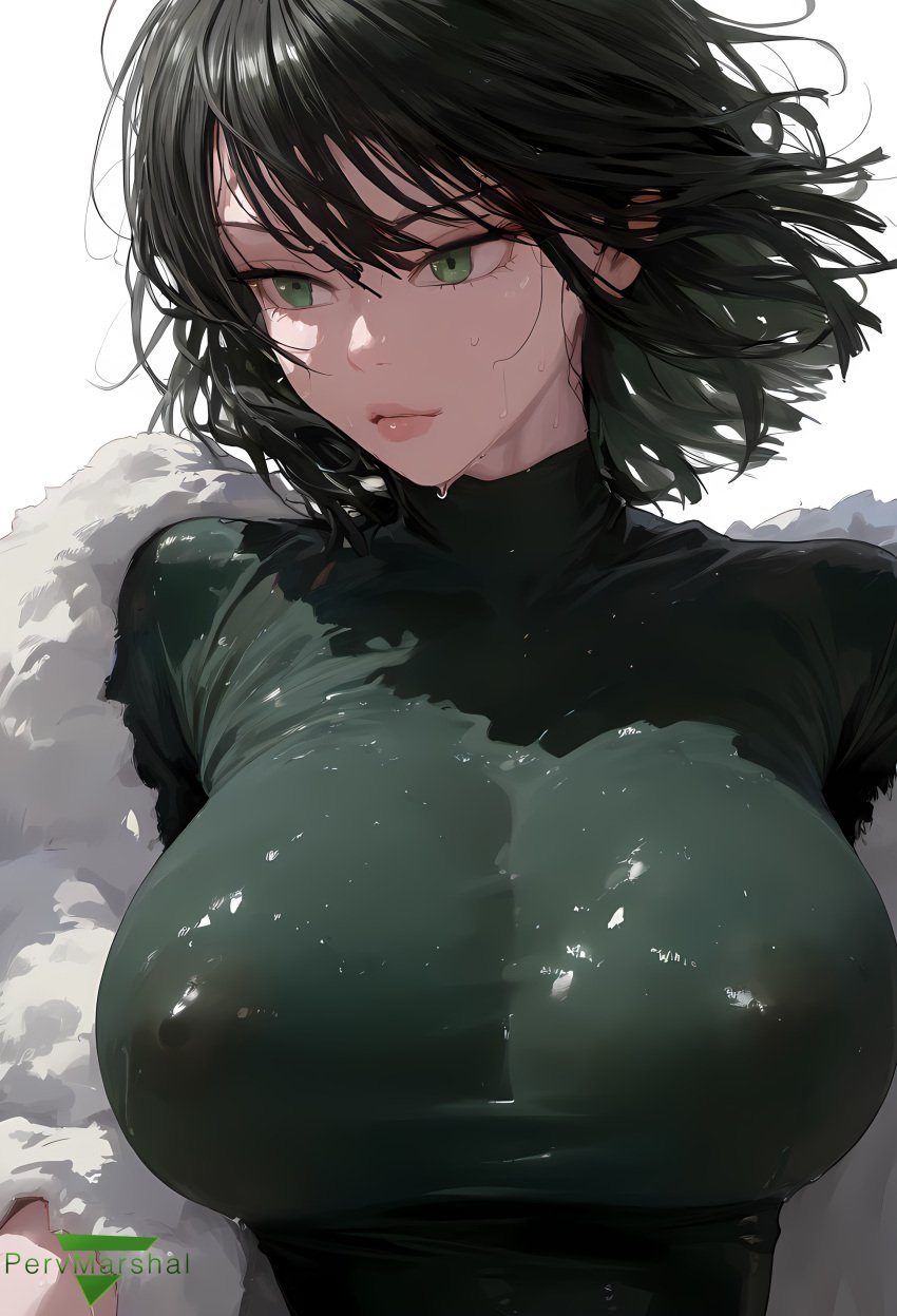 1girls ai_generated areola big_breasts black_hair curvy curvy_body curvy_female curvy_figure dress female female_focus female_only fubuki_(one-punch_man) green_eyes huge_breasts large_breasts marshalperv one-punch_man pervmarshal short_hair simple_background solo solo_female solo_focus sweat sweating tagme tagme_(artist) upper_body