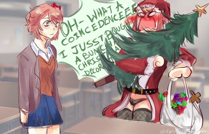 2females 2girls accidental_exposure belt black_panties blue_eyes blue_skirt blush blushing christmas christmas_tree doki_doki_literature_club english_text epicoxygenuser evergreen_tree green_text monika_(doki_doki_literature_club) panties sayori_(doki_doki_literature_club) skirt strawberry_blonde_hair text