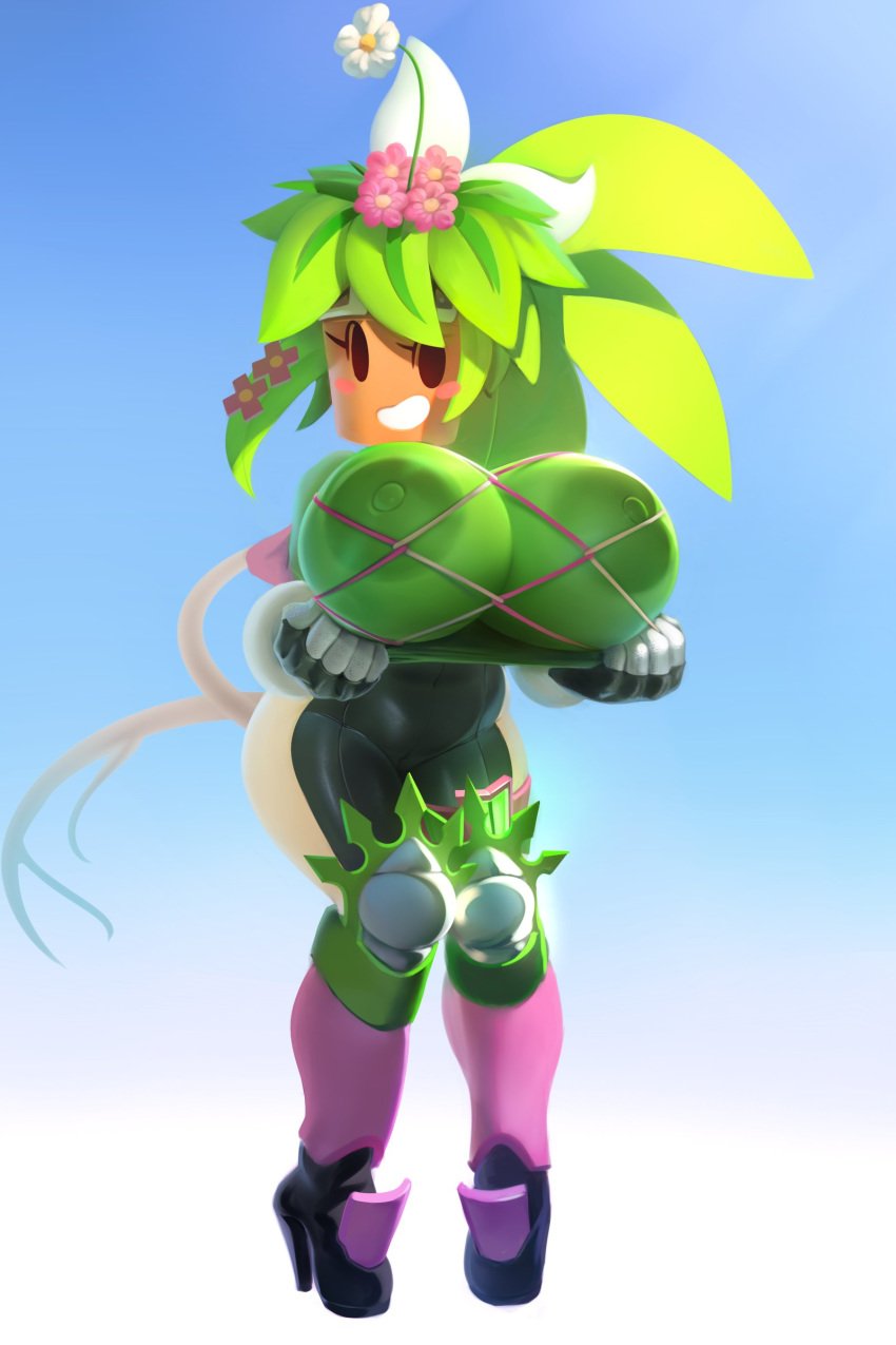 1girls anthro big_breasts blaster_master blaster_master_zero blaster_master_zero_2 blush female female_only green_hair kanna_(blaster_master) large_breasts leaf_hair looking_at_viewer mob_face mystical plant plant_girl plantie plantpenetrator