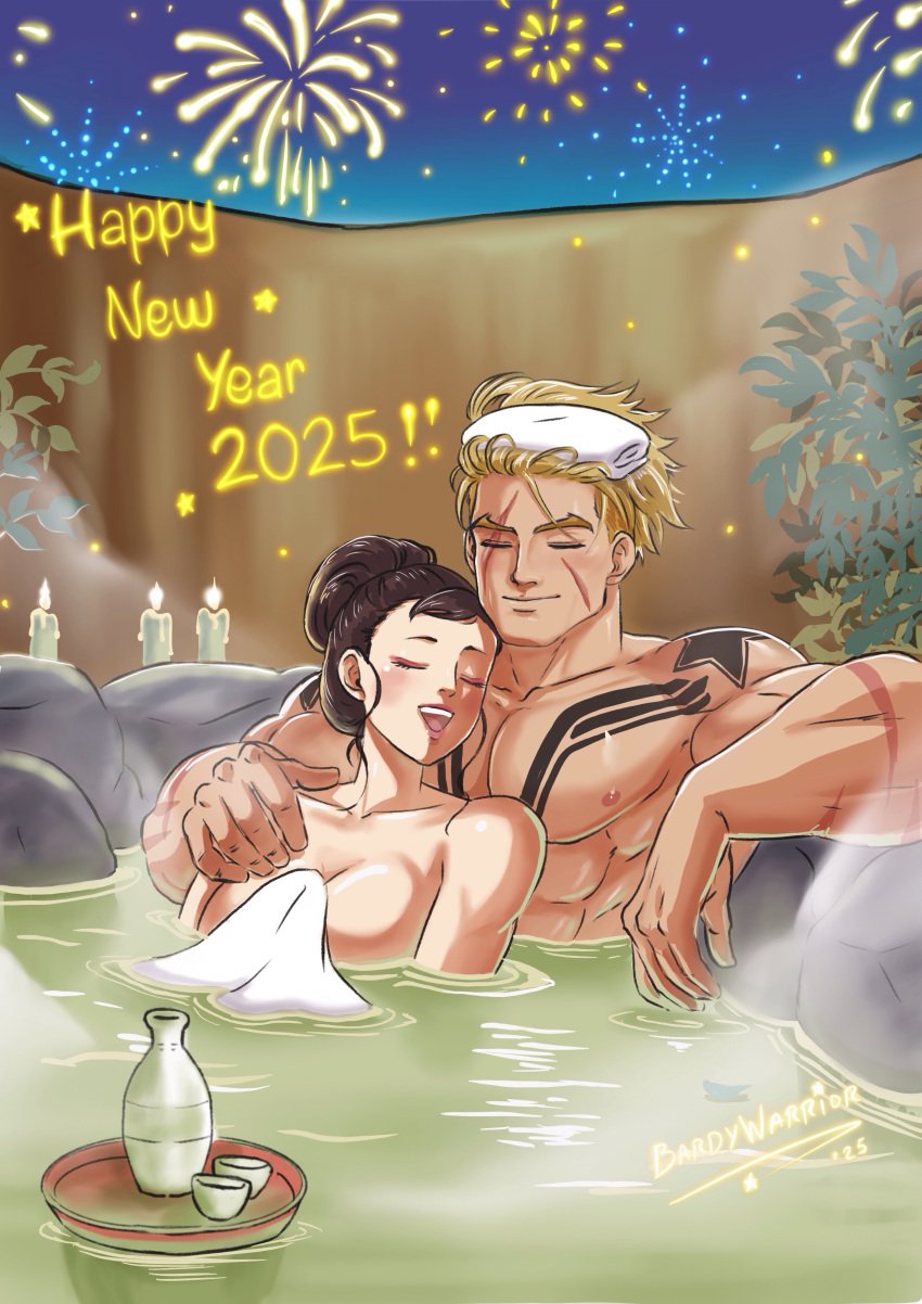 2025 abs age_difference bardywarrior breasts chun-li couple happy_new_year large_breasts luke_sullivan mature_female milf muscular muscular_male new_year new_year_2025 older_female onsen partially_submerged romantic romantic_couple scar straight street_fighter street_fighter_6 tattoo water