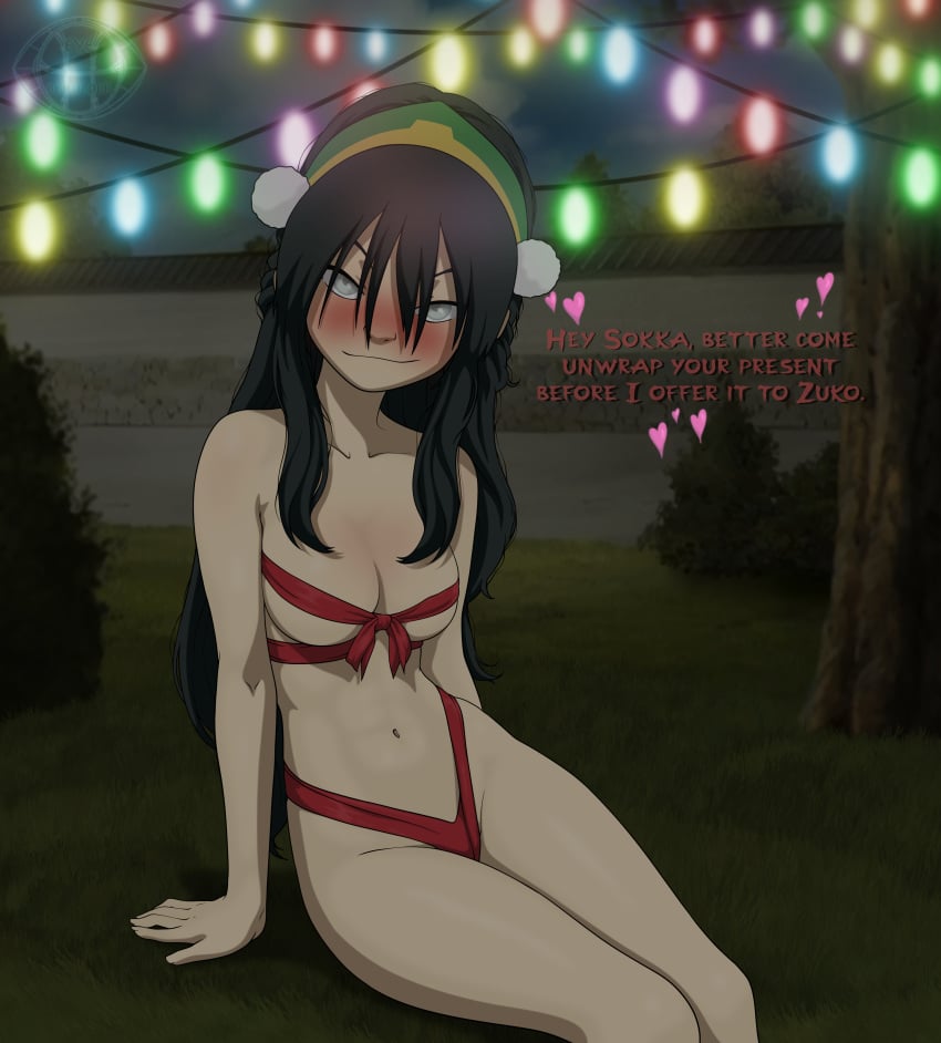 1girls aged_up avatar_the_last_airbender christmas_outfit english_text eye_of_the_beholder female female_only human ribbons solo source_removed text toph_bei_fong