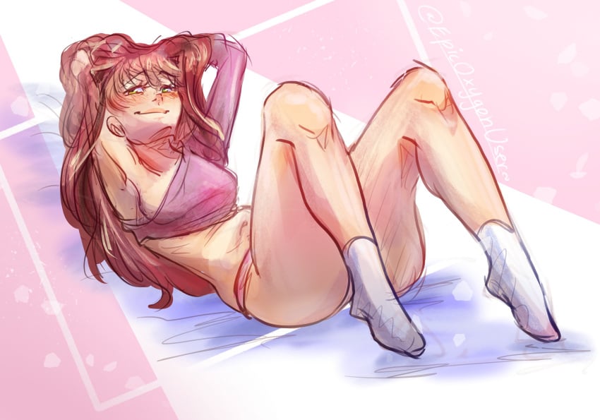 1female 1girls blush breasts brown_hair doki_doki_literature_club epicoxygenuser female green_eyes long_hair monika_(doki_doki_literature_club) panties socks solo thick_thighs thighs