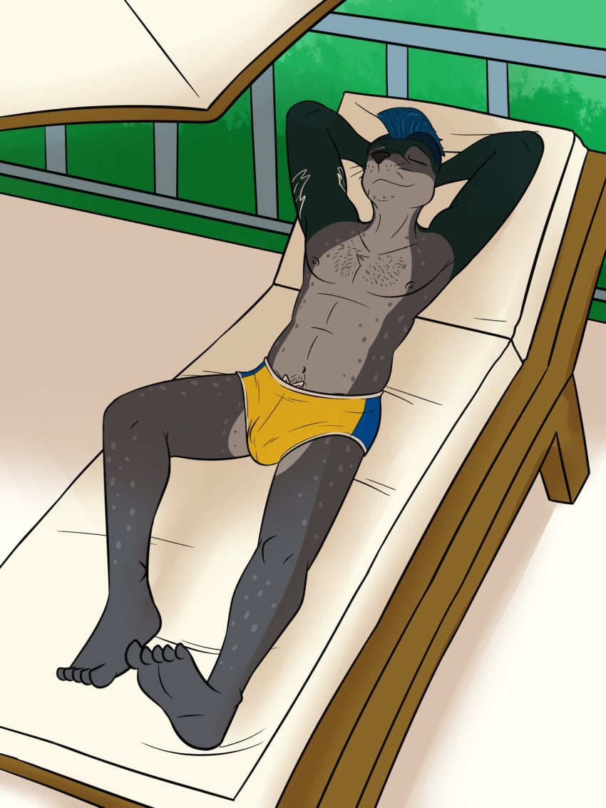 2024 3:4 5_toes anthro biped black_nose blue_mohawk bulge closed_eyes clothing detailed_bulge digital_drawing_(artwork) digital_media_(artwork) feet fur furniture fuze green_body green_fur grey_body grey_fur grey_nipples hands_behind_head hi_res leopard_seal lying male mammal marine multicolored_body multicolored_fur navel nipples on_back outside pantherwave41_(character) parasol pinniped plantigrade plantigrade_anthro railing relaxing seal shadow smile solo swimming_trunks swimwear toes whiskers