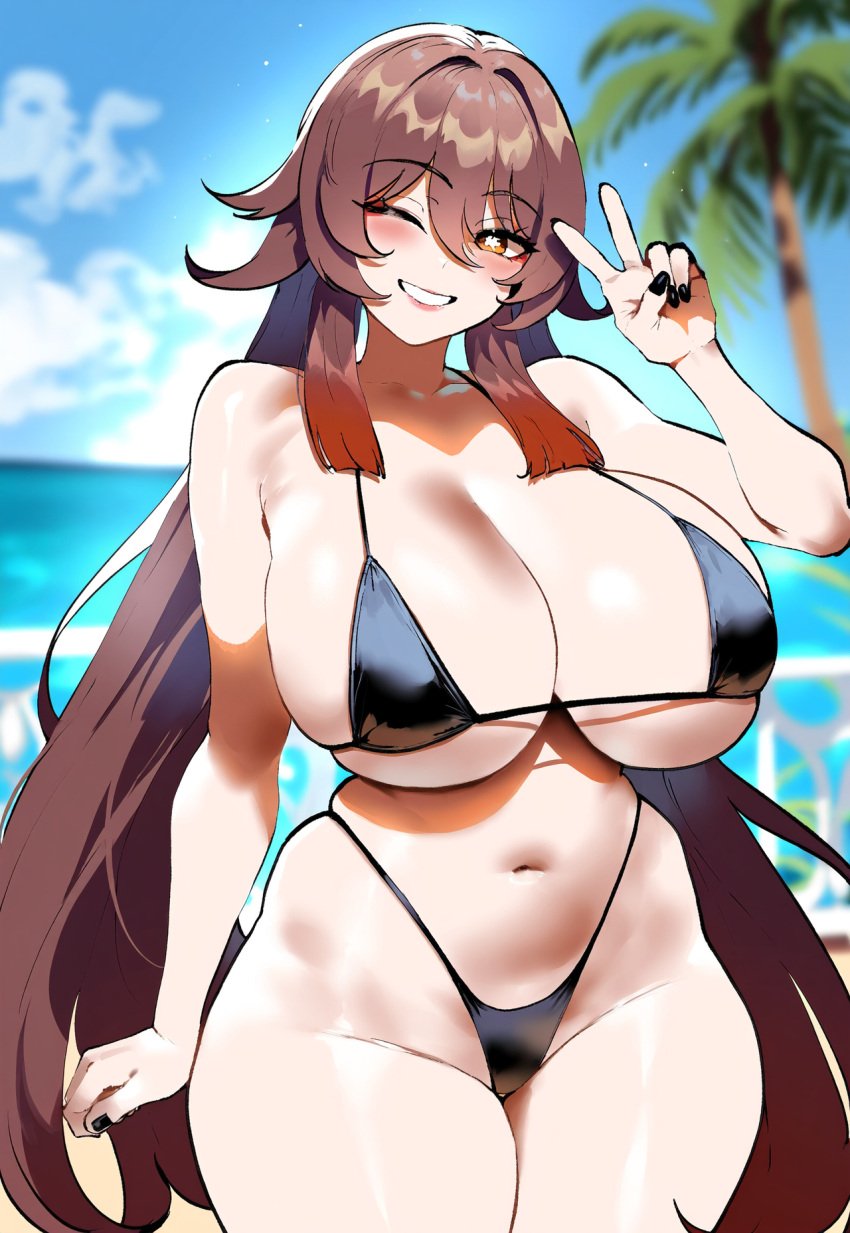 ai_generated ass ass_focus beach big_ass big_breasts big_butt big_thighs bikini dijiai fat_ass focus from_front_position front_view genshin_impact hourglass_figure hu_tao_(genshin_impact) looking_at_viewer nsfw ocean peace_sign round_ass round_butt thick thick_ass thick_butt thick_legs thick_thighs thighs wide_hips