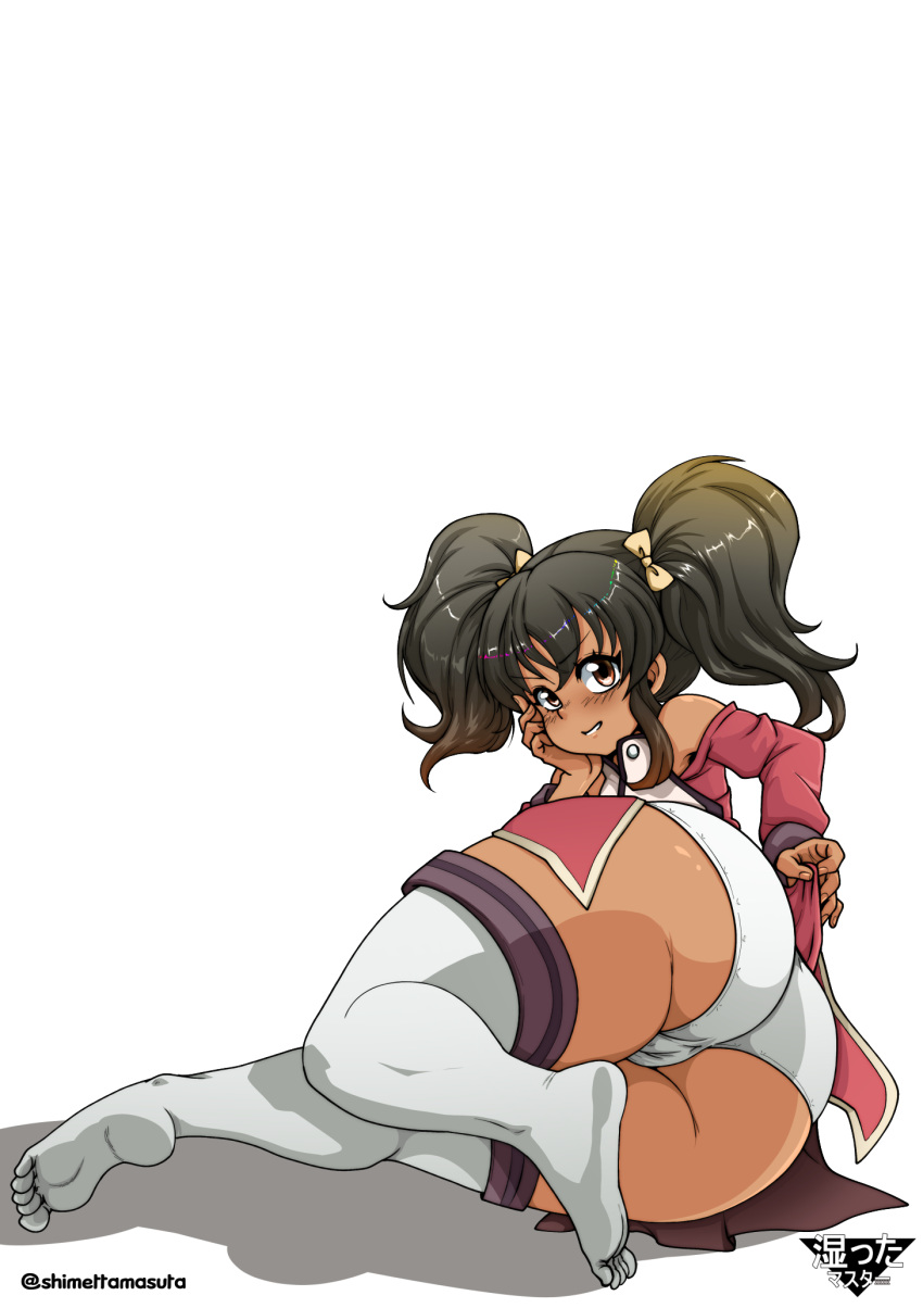 all_fours anise_tatlin ass ass_focus ass_press bare_shoulders barefoot blush brown_eyes brown_hair cameltoe come_hither detached_sleeves female from_behind highres huge_ass long_hair looking_at_viewer looking_back panties shimetta_masuta shiny shiny_hair shiny_skin smile solo tales_of_(series) tales_of_the_abyss thighhighs twintails underwear