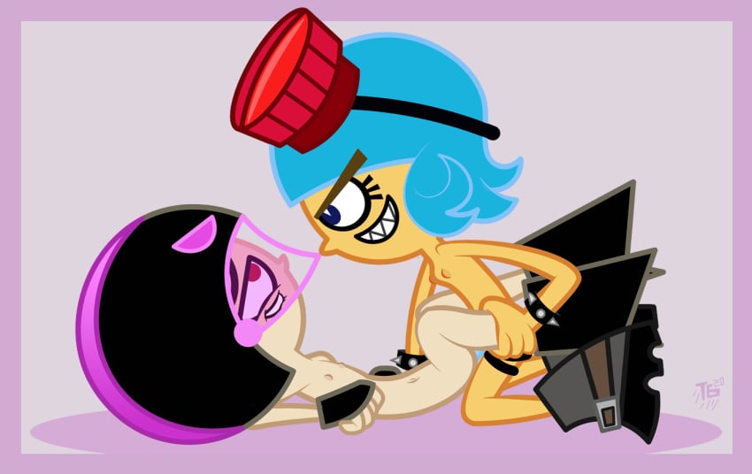 ambiguous_penetration biting_lip black_cuervo blue_dildo blue_hair boots el_tigre evil_smile female flat_chest frida_suarez goggles helmet holding_leg latina lesbian nickelodeon strap-on theglitch zoe_aves