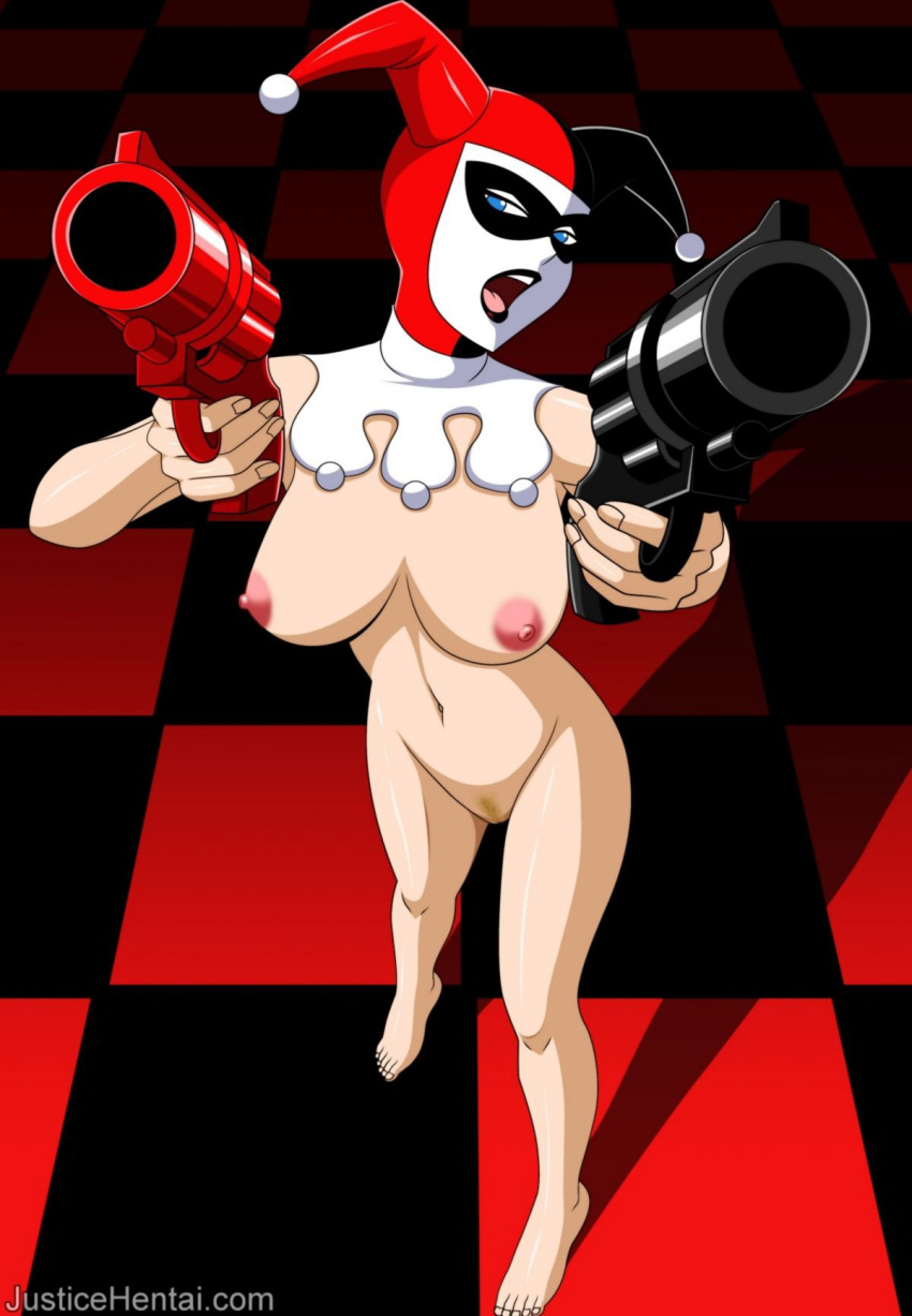 1girls annoyed batman:_the_animated_series batman_(series) belly belly_button big_breasts black_lipstick blue_eyes breasts casual clown_makeup collar dc dc_comics dcau feet female female_only firearm gun hairy_pussy handgun harley_quinn harley_quinn_(classic) human jester_cap justicehentai.com lipstick nude open_mouth pale_skin pop_gun pussy revolver solo vagina weapon