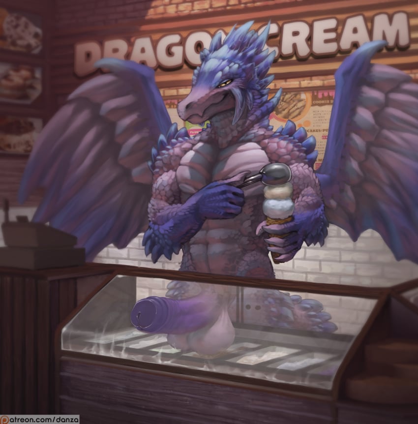 anthro balls big_(disambiguation) capcom conditional_dnp danza dessert food foreskin genitals heavy hi_res humanoid_genitalia humanoid_penis hunter ice_cream male male_only monster monster_hunter patreon penis pinup pose pudding scales solo uncut velkhana video_games wings