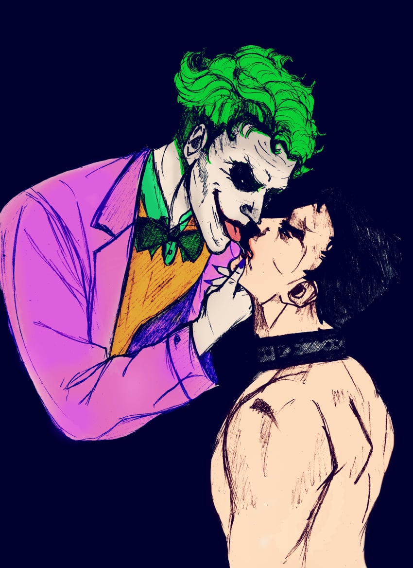 2boys bara batjokes batman batman_(series) bruce_wayne collar dc dc_comics eyes_half_open forced_kiss forced_yaoi gay gay_domination joker kissing male/male male_rape_victim non-con nonconsensual rape spit the_joker yaoi