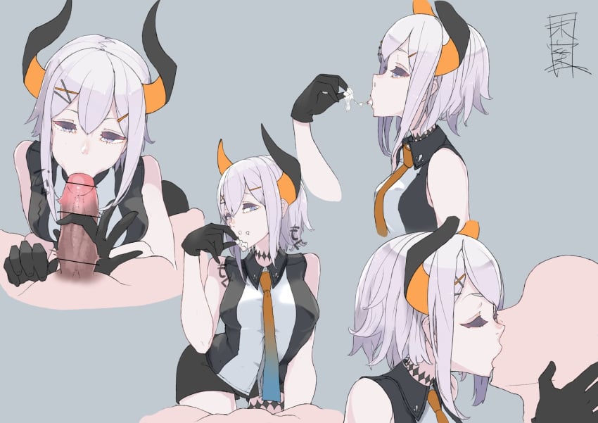 anon blue_eyes cum cum_in_mouth eyeshadow faceless_male fellatio female gloves horns kissing levi_elipha male miannille nijisanji pale-skinned_female penis straight virtual_youtuber white_hair