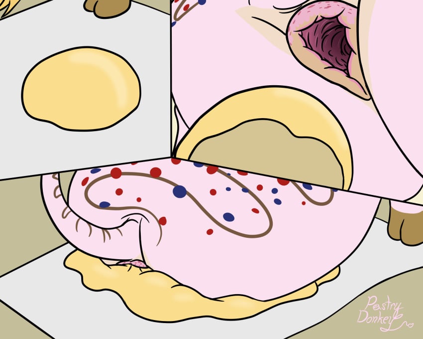 5:4 anus anus_markings ass brown_anus brown_hooves cake_(pastry_donkey) dough equid equine equine_anus feral flattened food fur fur_markings gaping gaping_anus hi_res hooves male male_only mammal markings pastry_donkey pink_body pink_fur sitting sitting_on_food solo